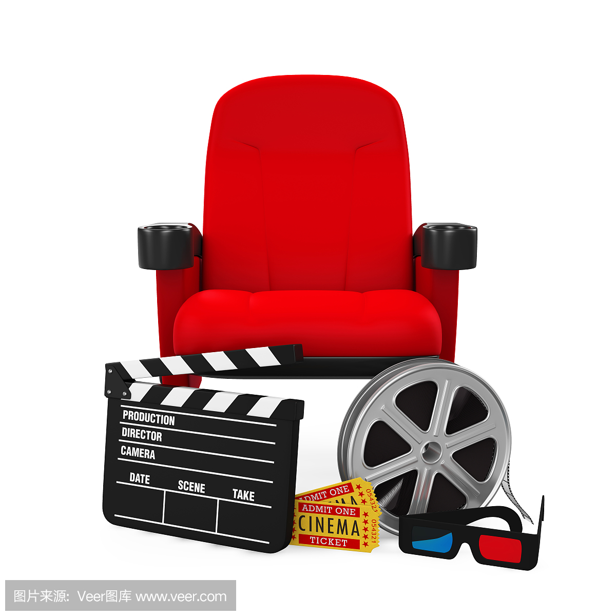 電影座位與拍板,3D眼鏡,卷軸和票
