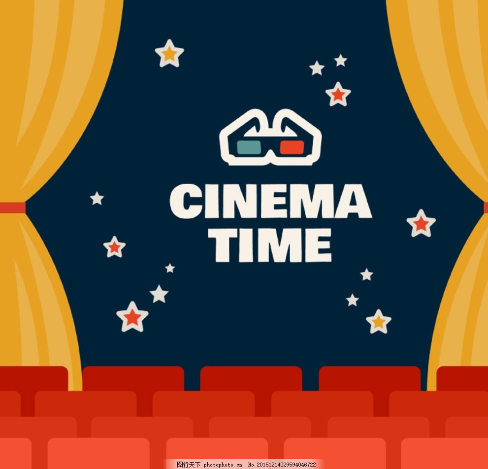 卡通電影插畫,時間插畫 星星 幕簾 帷幔 觀眾席 電影院-